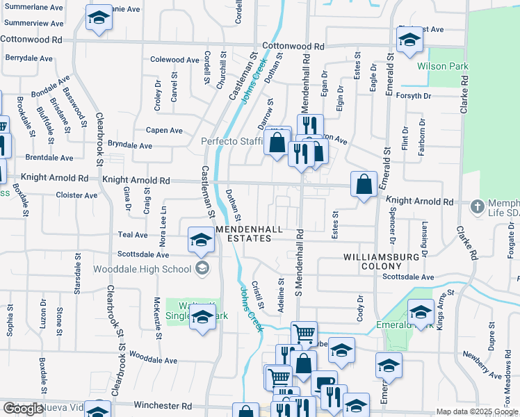 map of restaurants, bars, coffee shops, grocery stores, and more near 3205 Medora Cove in Memphis