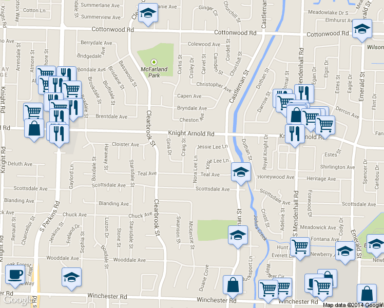 map of restaurants, bars, coffee shops, grocery stores, and more near 3206 Craig Street in Memphis