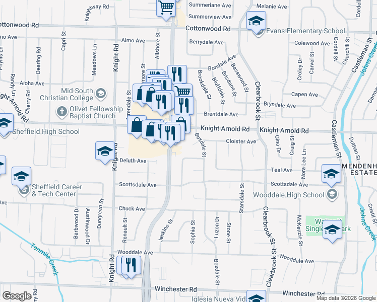 map of restaurants, bars, coffee shops, grocery stores, and more near 4785 Cloister Cove in Memphis