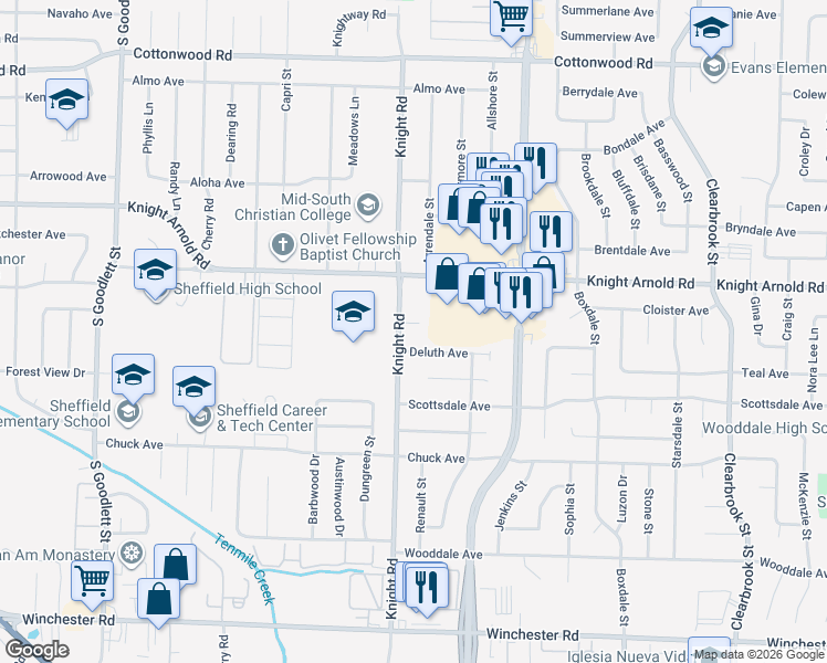 map of restaurants, bars, coffee shops, grocery stores, and more near 3206 Knight Road in Memphis