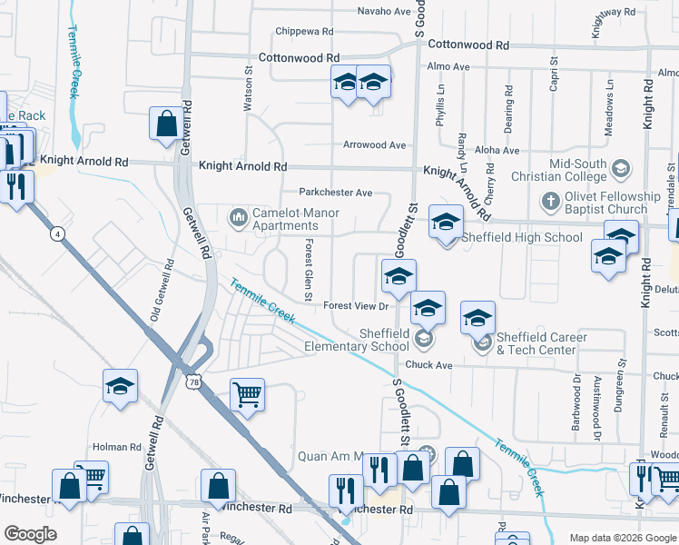 map of restaurants, bars, coffee shops, grocery stores, and more near 3216 Southbridge Street in Memphis