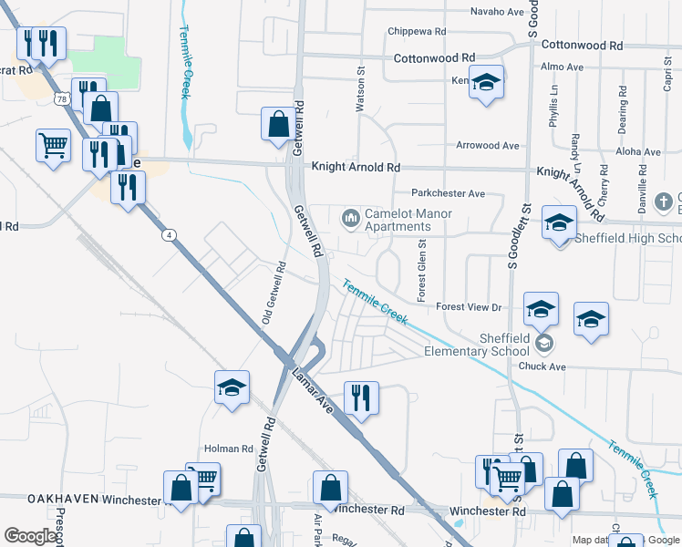 map of restaurants, bars, coffee shops, grocery stores, and more near 4002 Ashview Cove in Memphis