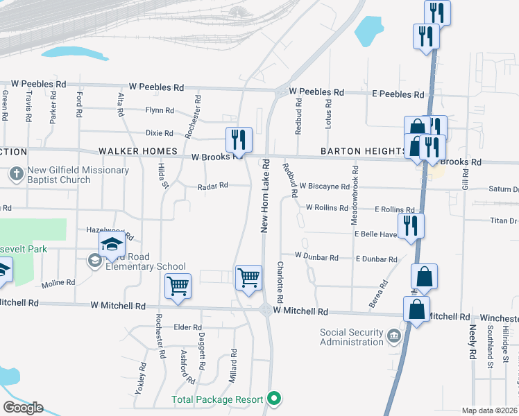 map of restaurants, bars, coffee shops, grocery stores, and more near 3219 Charlotte Road in Memphis