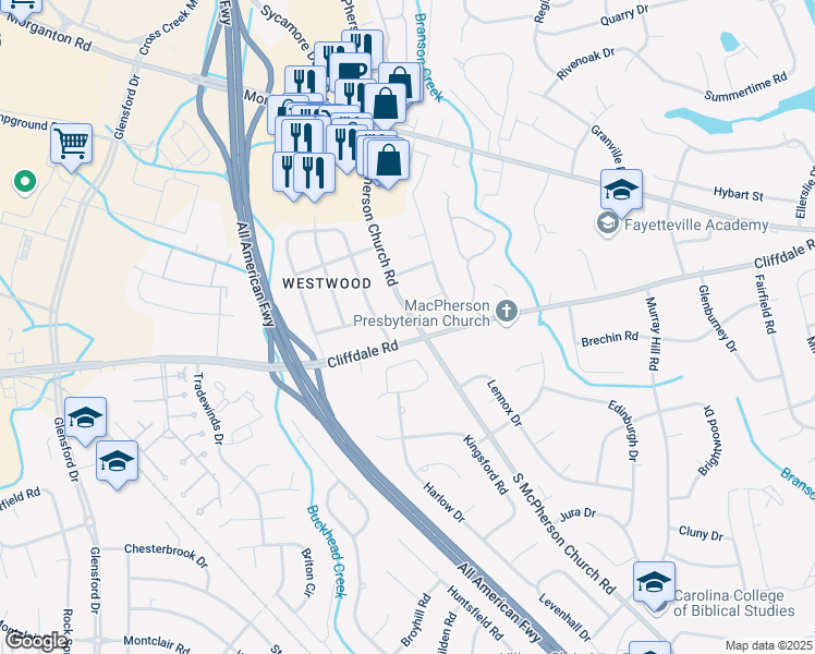 map of restaurants, bars, coffee shops, grocery stores, and more near 342 South McPherson Church Road in Fayetteville