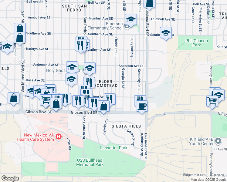 map of restaurants, bars, coffee shops, grocery stores, and more near 1025 Florida Street Southeast in Albuquerque