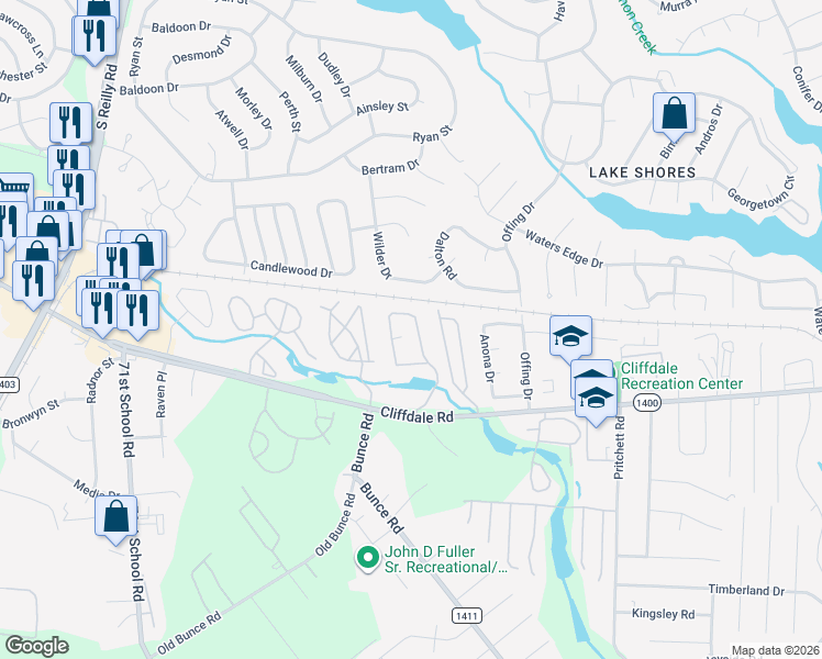 map of restaurants, bars, coffee shops, grocery stores, and more near 680 Bartons Landing Place in Fayetteville