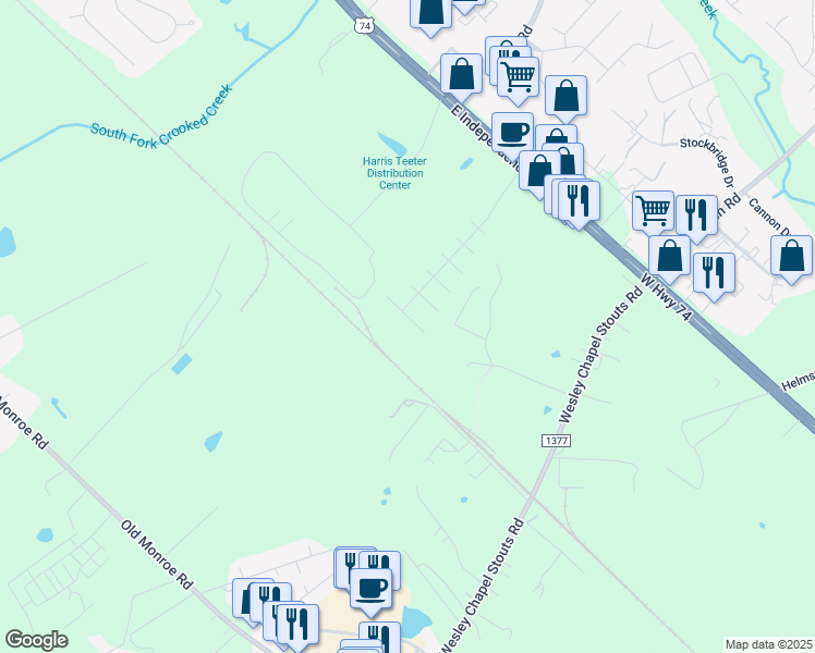 map of restaurants, bars, coffee shops, grocery stores, and more near 5811 Bridgeway Drive in Indian Trail
