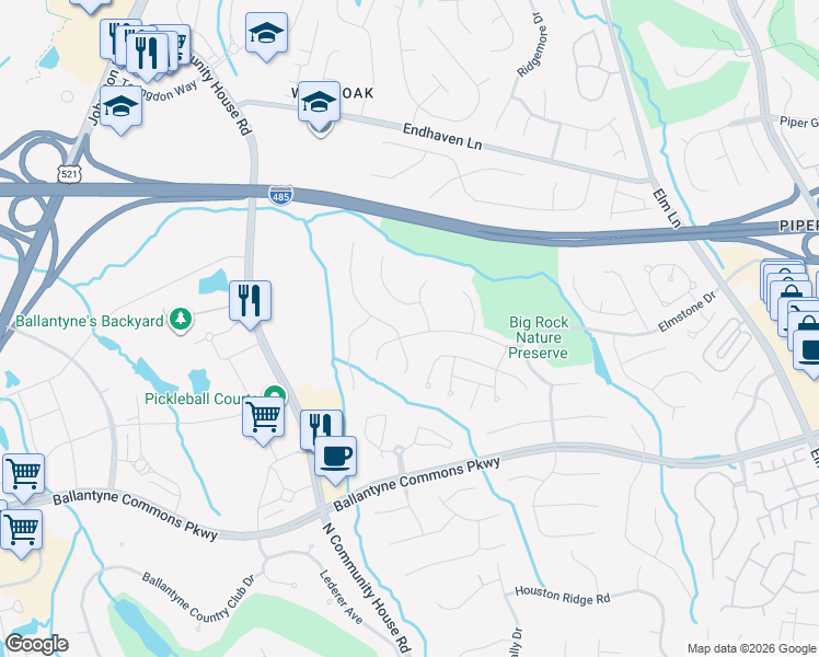map of restaurants, bars, coffee shops, grocery stores, and more near 6816 Elmstone Drive in Charlotte