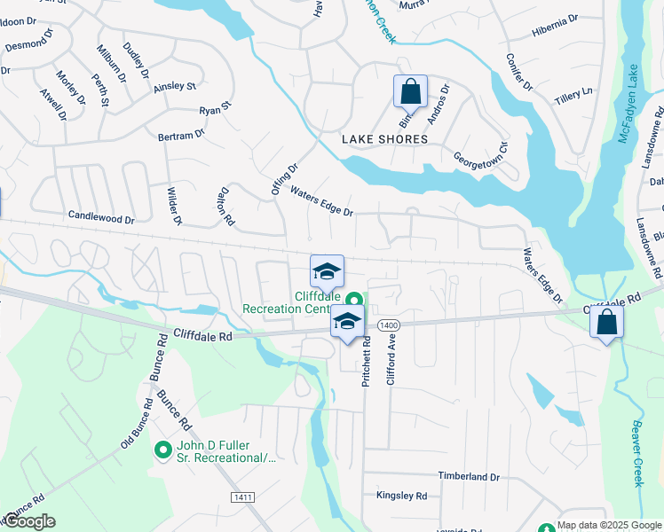 map of restaurants, bars, coffee shops, grocery stores, and more near 5970 Chambrian Drive in Fayetteville