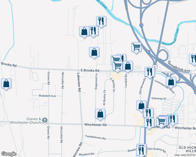 map of restaurants, bars, coffee shops, grocery stores, and more near 3226 Dogwood Lane in Memphis