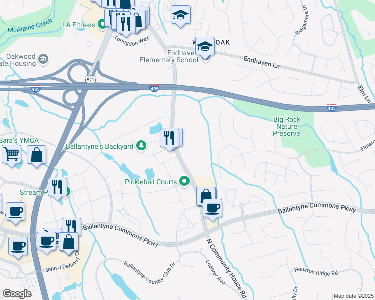 map of restaurants, bars, coffee shops, grocery stores, and more near 11620 North Community House Road in Charlotte