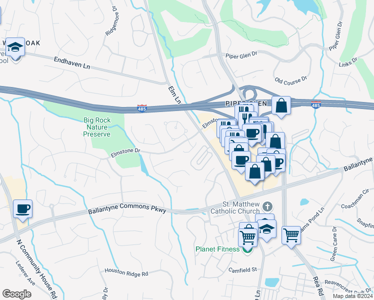 map of restaurants, bars, coffee shops, grocery stores, and more near 6134 Park Hill Road in Charlotte