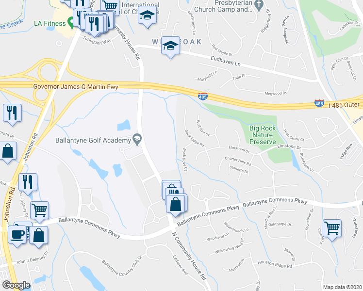 map of restaurants, bars, coffee shops, grocery stores, and more near 6920 Rock Dove Court in Charlotte