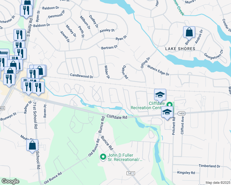 map of restaurants, bars, coffee shops, grocery stores, and more near 680 Bartons Landing Place in Fayetteville