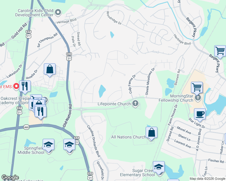 map of restaurants, bars, coffee shops, grocery stores, and more near 3151 Bartlett Street in Fort Mill