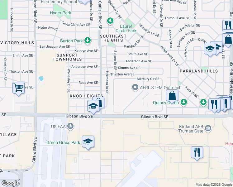 map of restaurants, bars, coffee shops, grocery stores, and more near 4129 Mercury Drive Southeast in Albuquerque