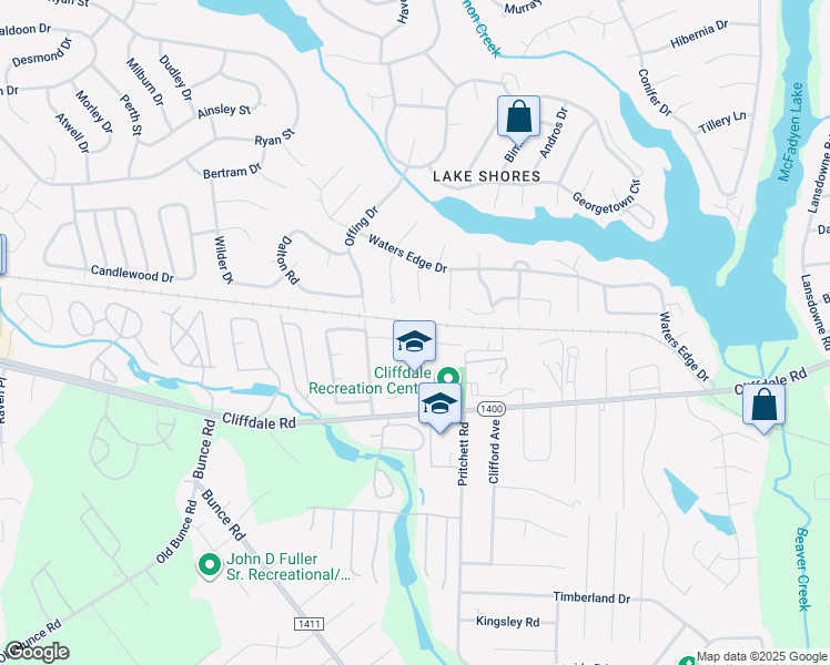 map of restaurants, bars, coffee shops, grocery stores, and more near 5974 Chambrian Drive in Fayetteville