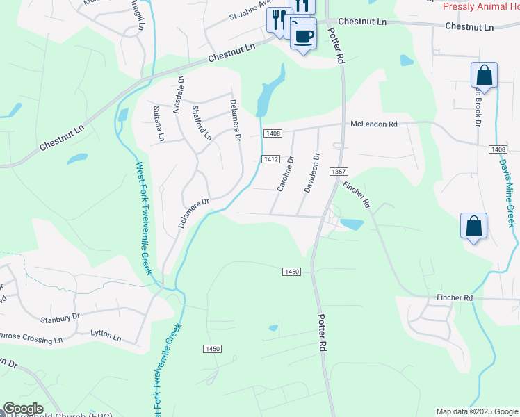 map of restaurants, bars, coffee shops, grocery stores, and more near 6116 Caroline Drive in Matthews