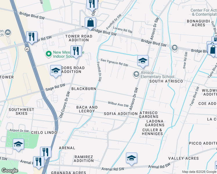 map of restaurants, bars, coffee shops, grocery stores, and more near 99999 Rosendo Garcia Road Southwest in Albuquerque