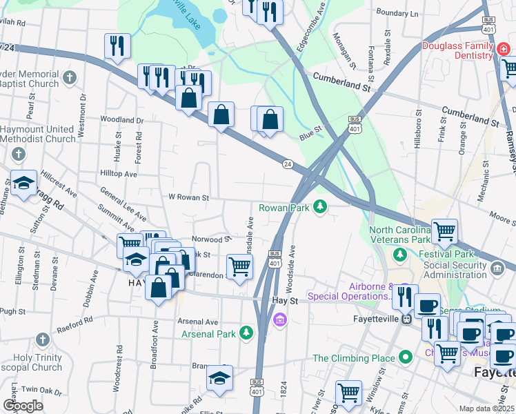 map of restaurants, bars, coffee shops, grocery stores, and more near 827 West Rowan Street in Fayetteville