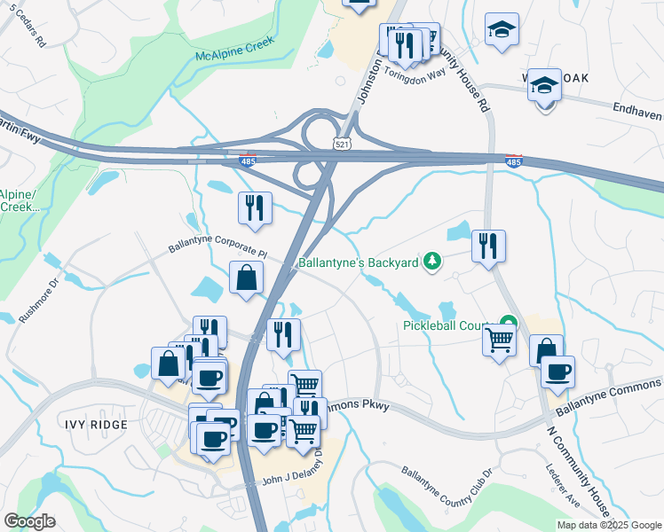 map of restaurants, bars, coffee shops, grocery stores, and more near 13320 Ballantyne Corporate Place in Charlotte