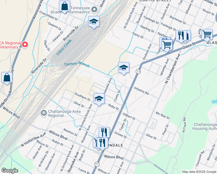 map of restaurants, bars, coffee shops, grocery stores, and more near 2001 Hardy Street in Chattanooga