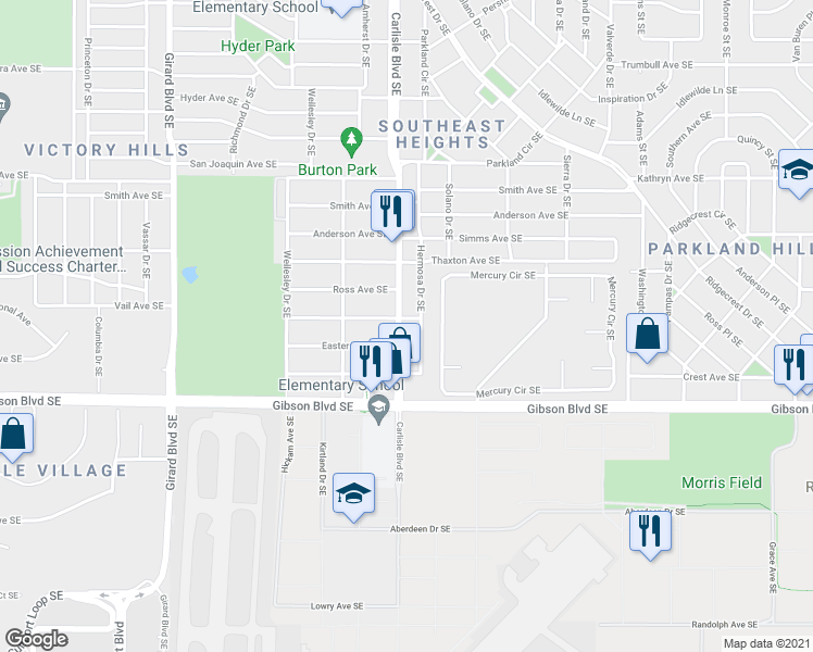 map of restaurants, bars, coffee shops, grocery stores, and more near 1403 Hermosa Drive Southeast in Albuquerque