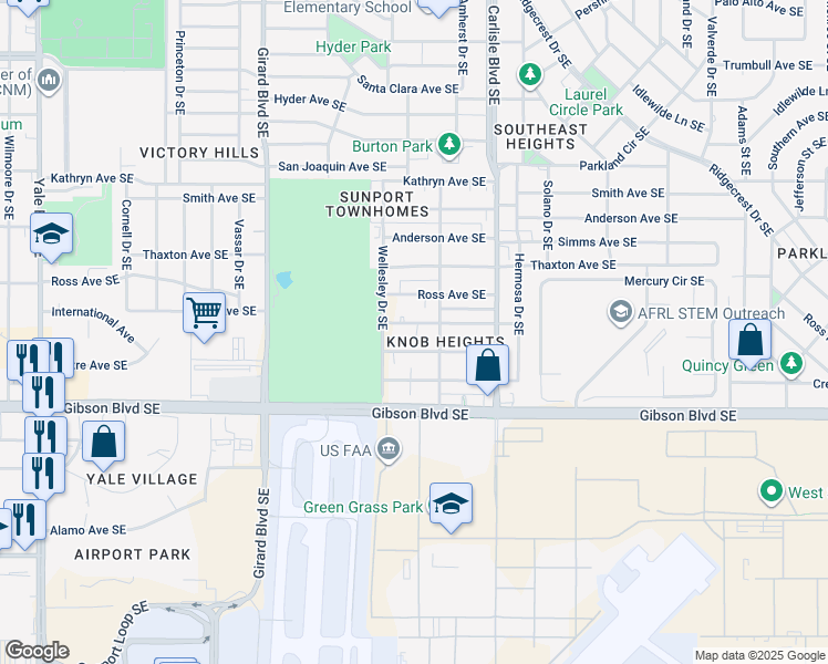 map of restaurants, bars, coffee shops, grocery stores, and more near 3414 Vail Avenue Southeast in Albuquerque