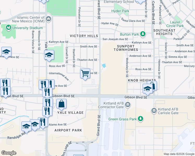 map of restaurants, bars, coffee shops, grocery stores, and more near 2800 Vail Avenue Southeast in Albuquerque