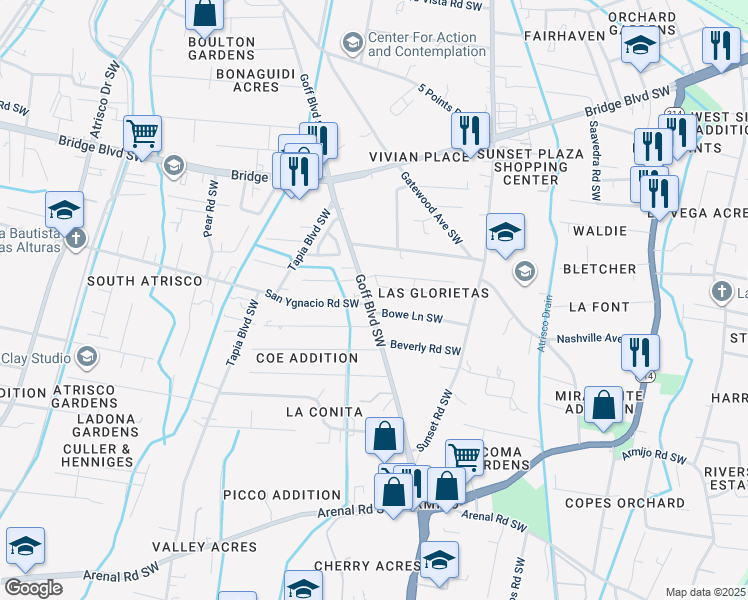 map of restaurants, bars, coffee shops, grocery stores, and more near 1135b Goff Boulevard Southwest in Albuquerque