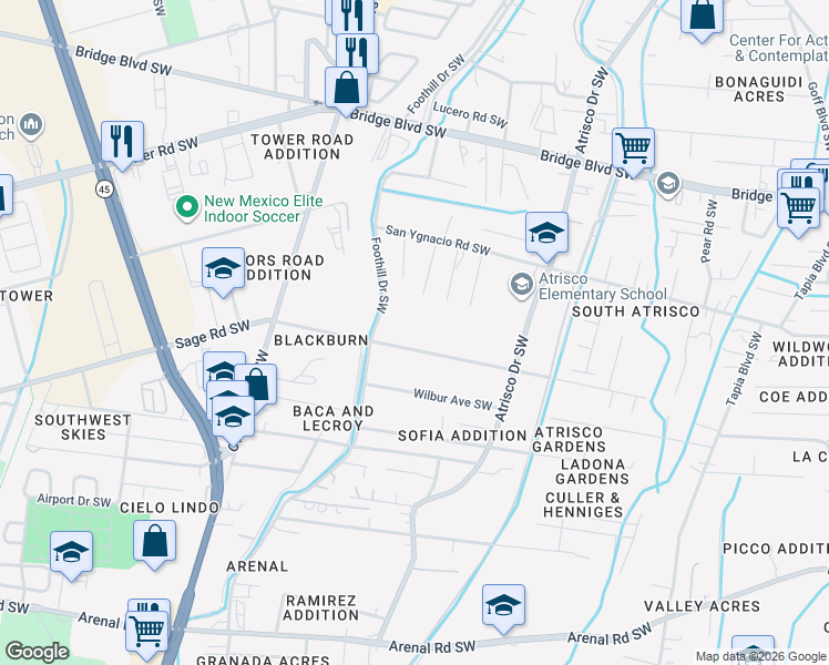 map of restaurants, bars, coffee shops, grocery stores, and more near 99999 Rosendo Garcia Road Southwest in Albuquerque