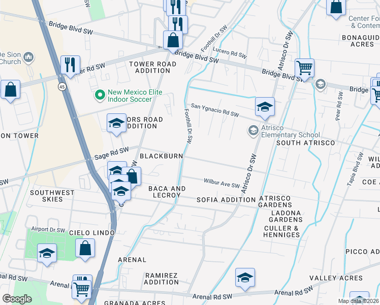 map of restaurants, bars, coffee shops, grocery stores, and more near 1238 Foothill Drive Southwest in Albuquerque