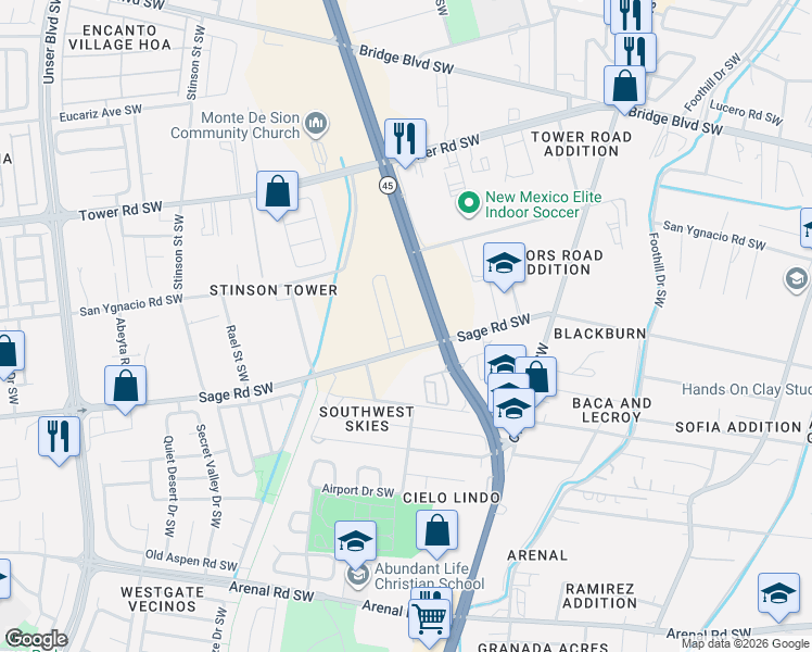 map of restaurants, bars, coffee shops, grocery stores, and more near 1807 Arenal Road Southwest in Albuquerque