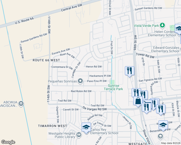 map of restaurants, bars, coffee shops, grocery stores, and more near 10405 Connemara Drive Southwest in Albuquerque