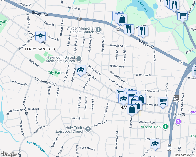 map of restaurants, bars, coffee shops, grocery stores, and more near 1518 Fort Bragg Road in Fayetteville
