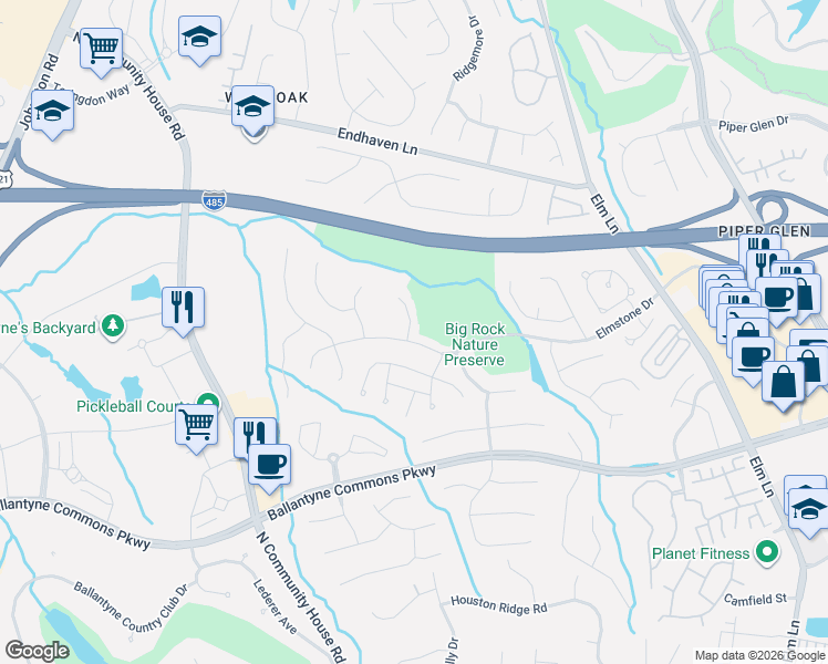 map of restaurants, bars, coffee shops, grocery stores, and more near 10833 Hastings Mill Lane in Charlotte