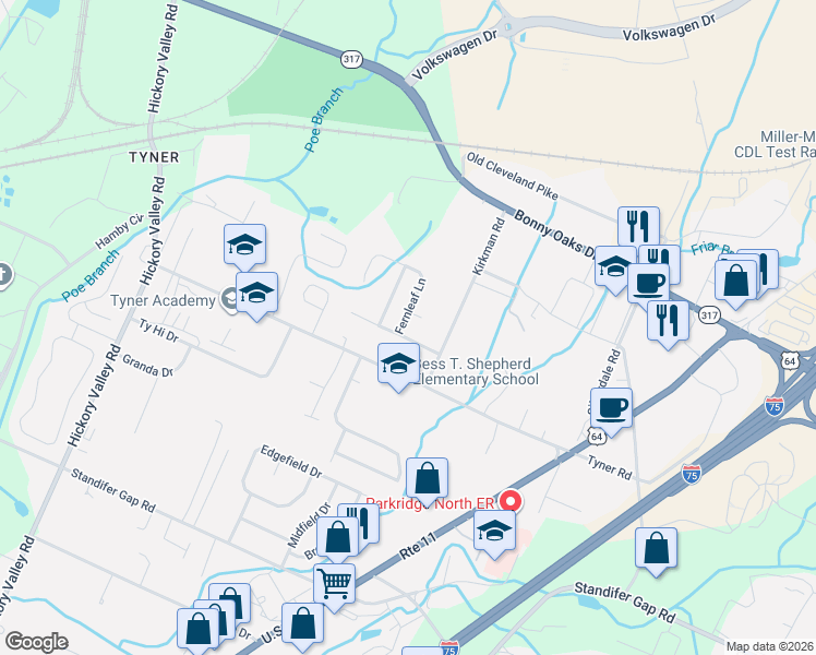 map of restaurants, bars, coffee shops, grocery stores, and more near 2811 Fernleaf Lane in Chattanooga