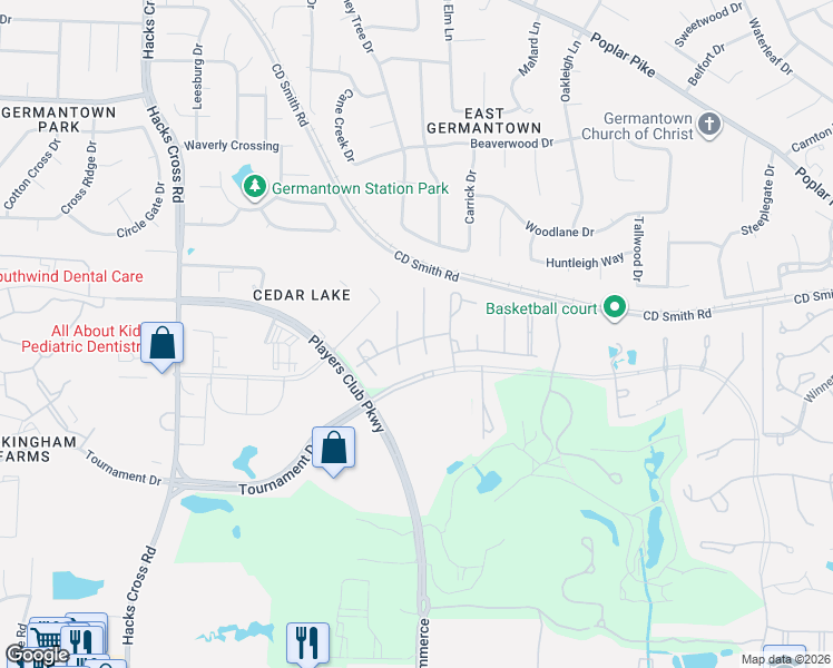 map of restaurants, bars, coffee shops, grocery stores, and more near 3223 North Avenel Cove in Memphis
