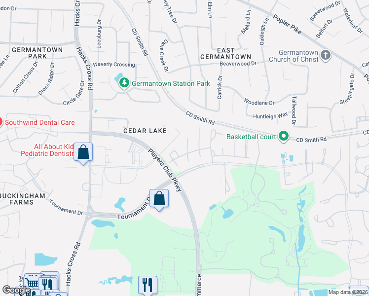 map of restaurants, bars, coffee shops, grocery stores, and more near 3214 Winddrift Circle in Memphis