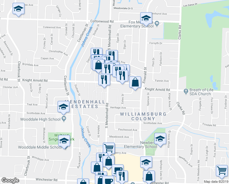 map of restaurants, bars, coffee shops, grocery stores, and more near 3218 13 Colony Mall in Memphis