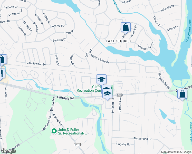 map of restaurants, bars, coffee shops, grocery stores, and more near 5994 Chambrian Drive in Fayetteville