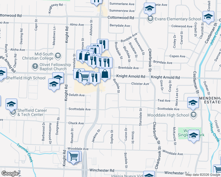 map of restaurants, bars, coffee shops, grocery stores, and more near 4785 Cloister Cove in Memphis