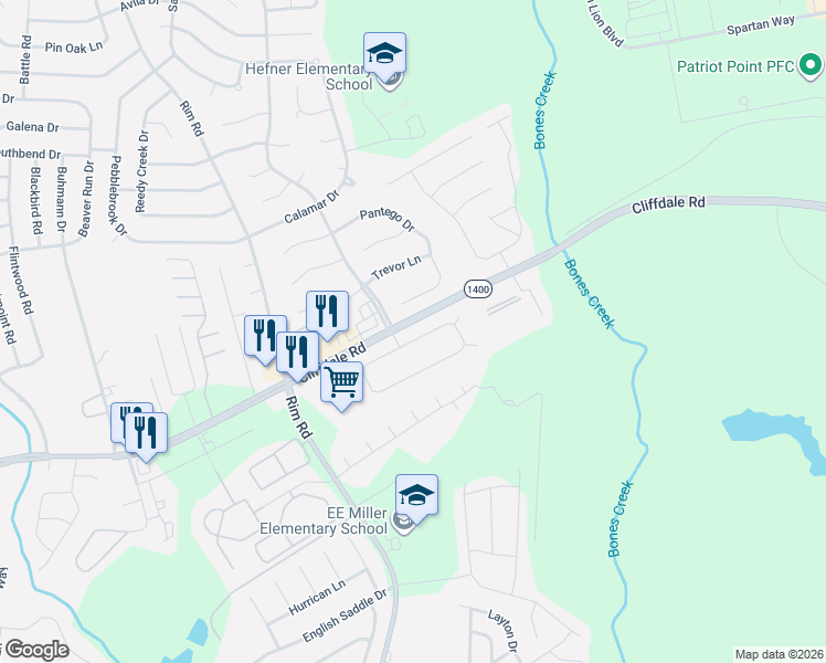 map of restaurants, bars, coffee shops, grocery stores, and more near 7636 Shillinglaw Circle in Fayetteville