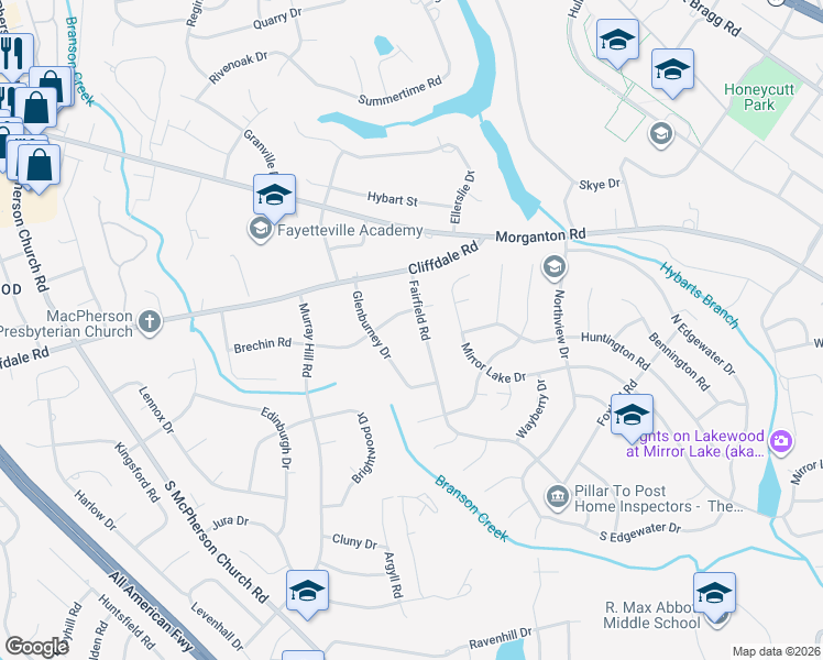 map of restaurants, bars, coffee shops, grocery stores, and more near 3001-3019 Brechin Road in Fayetteville