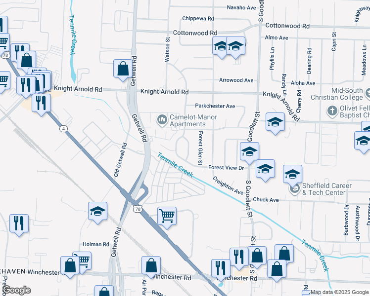 map of restaurants, bars, coffee shops, grocery stores, and more near 3216 Ashwood Street in Memphis