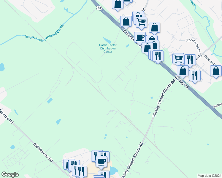 map of restaurants, bars, coffee shops, grocery stores, and more near 5813 Bridgeway Drive in Indian Trail