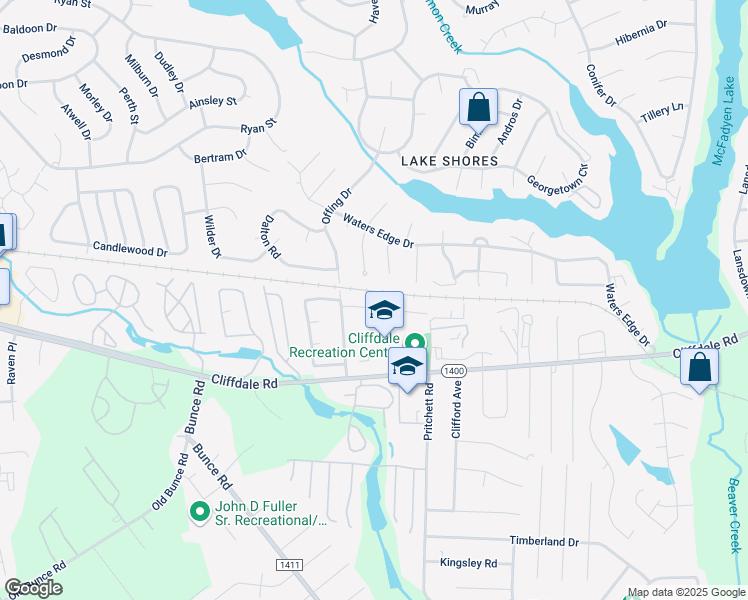 map of restaurants, bars, coffee shops, grocery stores, and more near 5970 Chambrian Drive in Fayetteville
