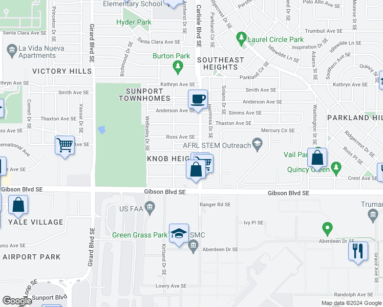 map of restaurants, bars, coffee shops, grocery stores, and more near 3532 Vail Avenue Southeast in Albuquerque