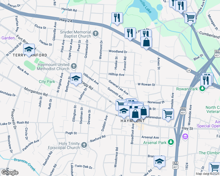 map of restaurants, bars, coffee shops, grocery stores, and more near 1407 General Lee Avenue in Fayetteville