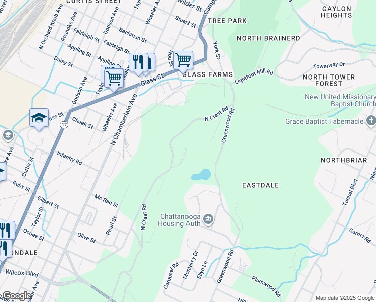 map of restaurants, bars, coffee shops, grocery stores, and more near 572 North Crest Road in Chattanooga